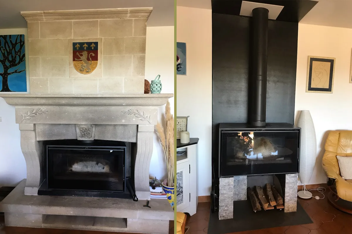 Cheminée en pierre sculptée avec insert à bois installé